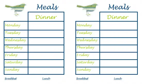 dinner calendar printable