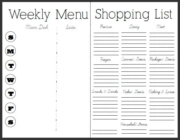 Printable Weekly Menu Planner with Grocery List