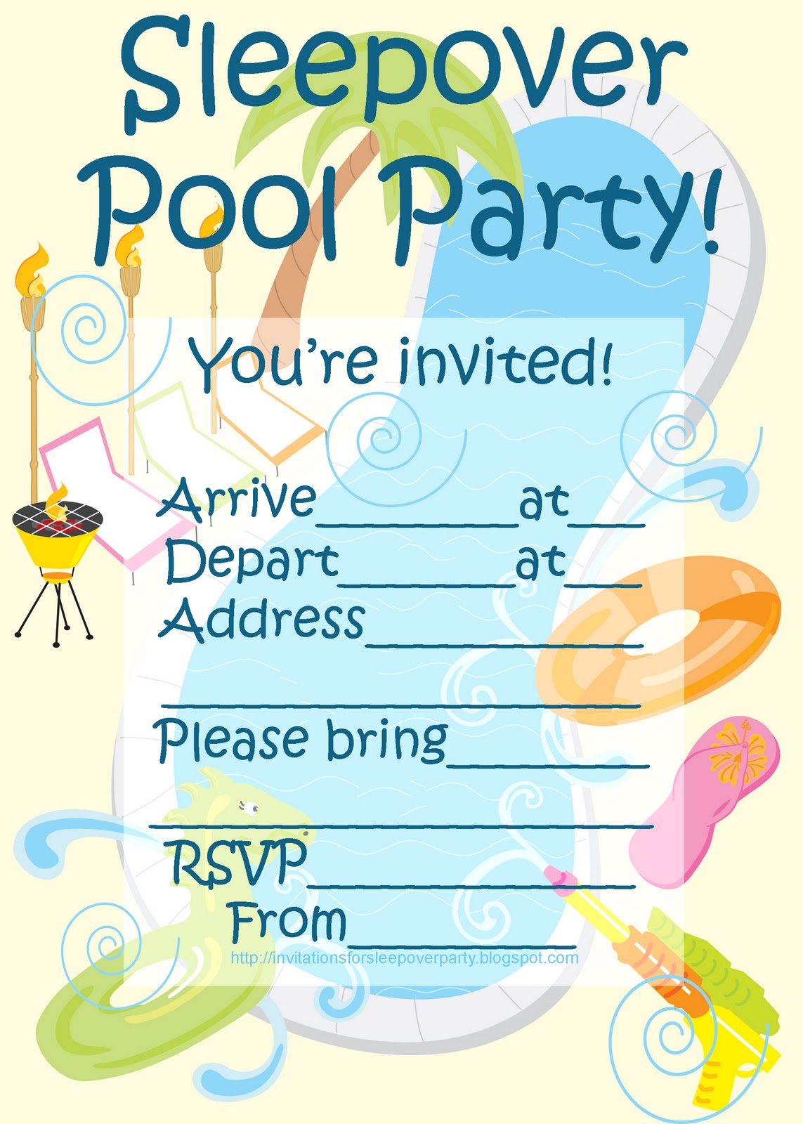Free Printable Pool Party Sleepover Invitations