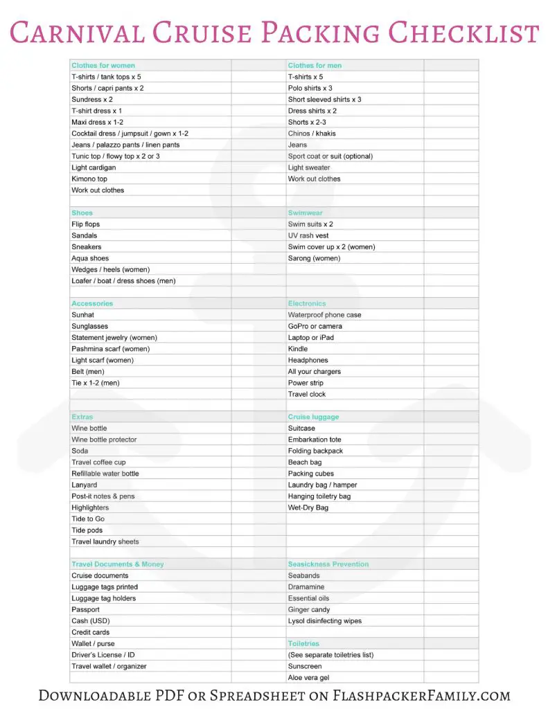 what to pack for a carnival cruise checklist
