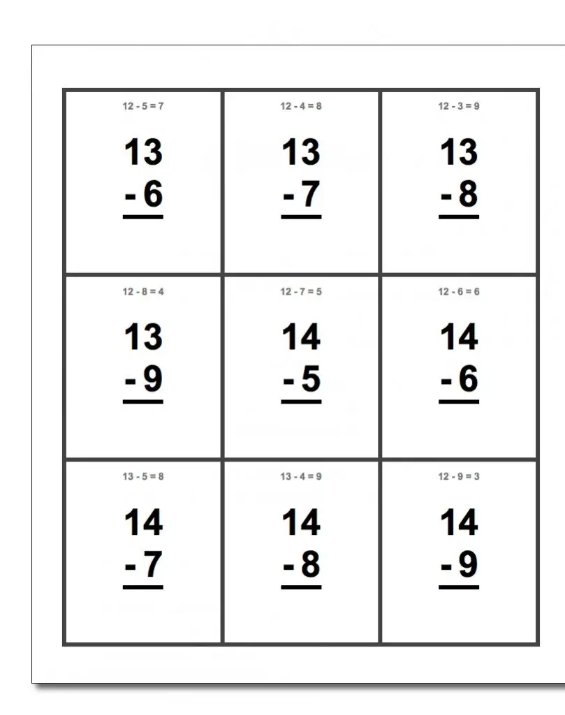 Printable Subtraction Flash Cards