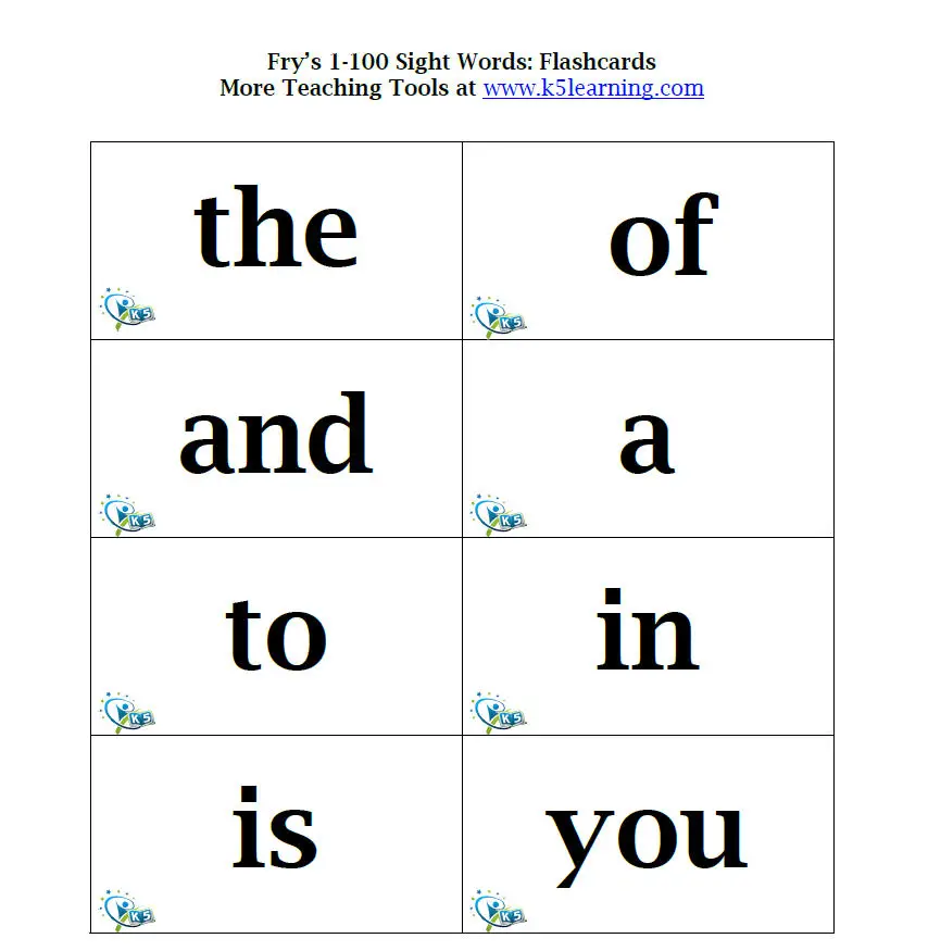 Frys First 100 Sight Words Flash Cards - Kindergarten Sight Word Flash Cards Printable