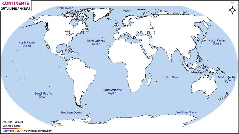 World Physical Map Showing Continents And Oceans