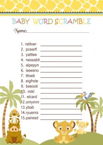 Lion King Baby Shower Word Scramble