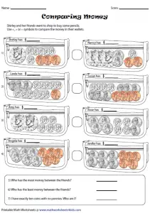 Simple Greater Than Less than Money Amounts Activity Worksheets