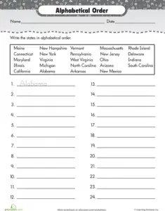 Alphabetical Order of States Worksheets