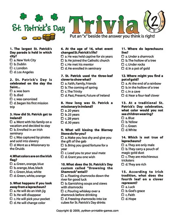 14 Participating St. Patricks Working day Trivia picture relating to St Patrick Day Trivia Questions and Answers Printable named 14 Partaking St. Patricks Working day Trivia