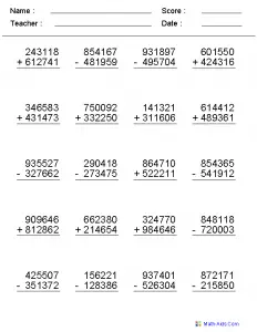 6 Digit Addition And Subtraction Worksheets