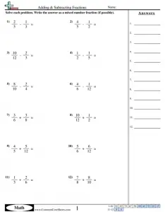 Addition and Subtraction of Fractions with Unlike Denominators Worksheets