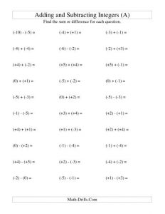 Negative Number Addition and Subtraction Worksheets