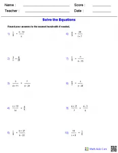 Solving Addition and Subtraction Equations Worksheets Answers