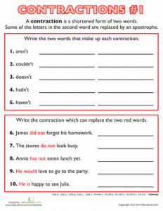 Contraction Words Worksheet