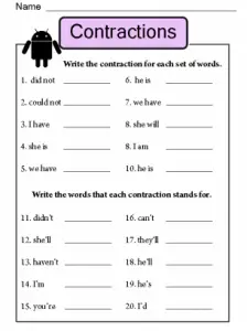 Contractions Worksheet Middle School