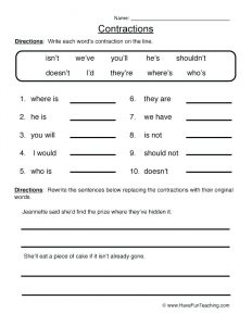 Free Printable Contraction Worksheets for Kids