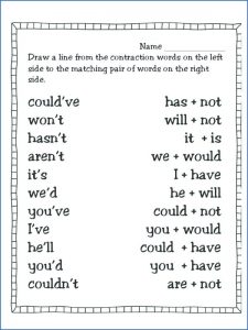 Simple Printable Matching Contractions Worksheet