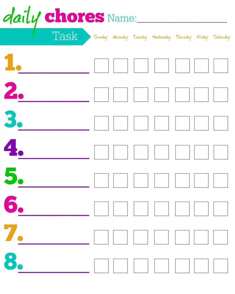Free Printable Chore Charts For 10 Year Olds